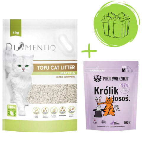 DIAMENTIQ Tofu Matcha Ultra clumping – Katzenstreu 4 kg + Paka Zwierzaka Kaninchen & Lachs – Trockenfutter 400 g GRATIS. - Fotogalerie 1