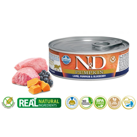 FARMINA N&D Pumpkin Lamb, Pumpkin & Blueberry – Nassfutter für Katzen – 12 x 70 g - Fotogalerie 2