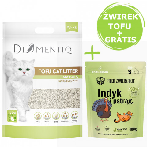 DIAMENTIQ Tofu Matcha Ultra clumping – Katzenstreu 2,5 kg + Paka Zwierzaka Pute & Forelle – Trockenfutter für Kätzchen 400 g GRATIS. - Fotogalerie 1