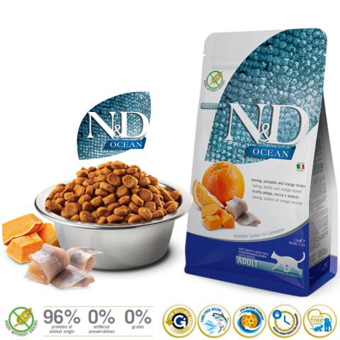 FARMINA N&D Ocean Herring Pumpkin&Orange Adult - Trockenfutter für Katzen - 1,5 kg - Fotogalerie 2