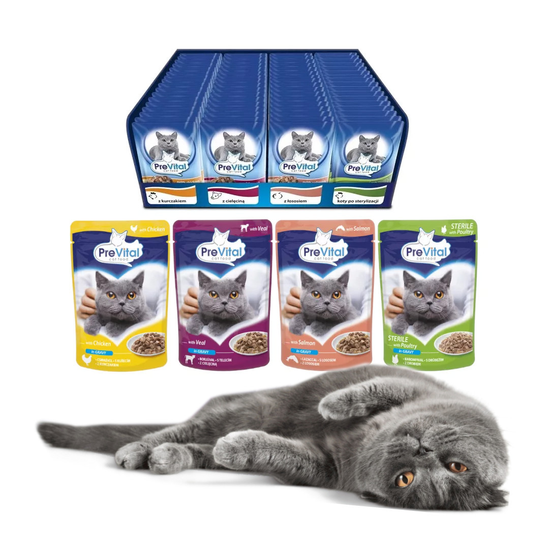 PREVITAL Katzenfutter Mix 4 Geschmacksrichtungen Huhn, Kalb, Lachs, Geflügel – Nassfutter für Katzen – 96 x 100 g - foto 2