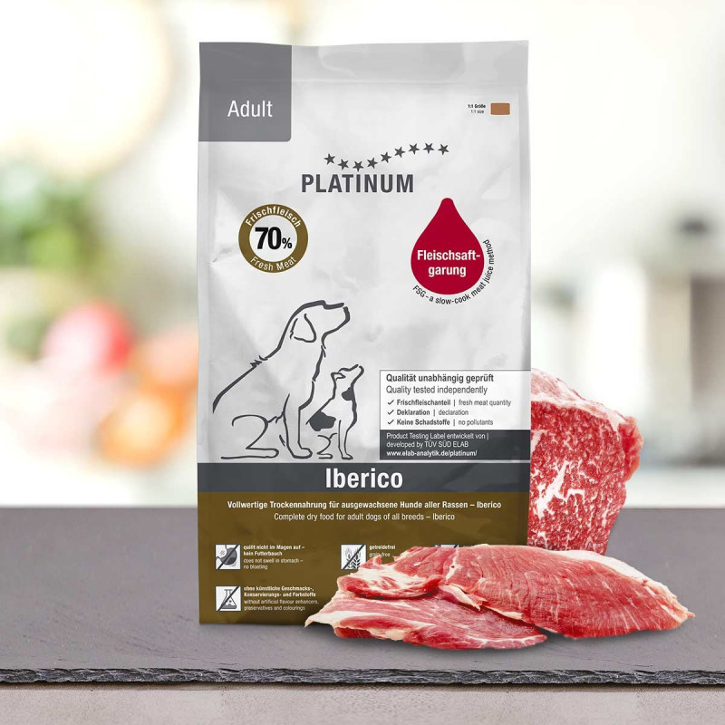 PLATINUM Adult Iberico – halbfeuchtes Hundefutter – 3x5 kg (15 kg) + PLATINUM Xmas-Bits Iberico 6x150 g Leckerli GRATIS - foto 1