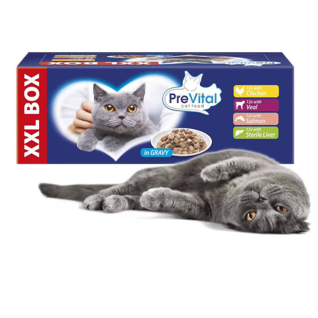 PREVITAL XXL BOX Geschmacks-Mix mit Huhn, Kalb, Lachs und Leber in Soße - Nassfutter für Katzen - 48 x 100g - foto 4