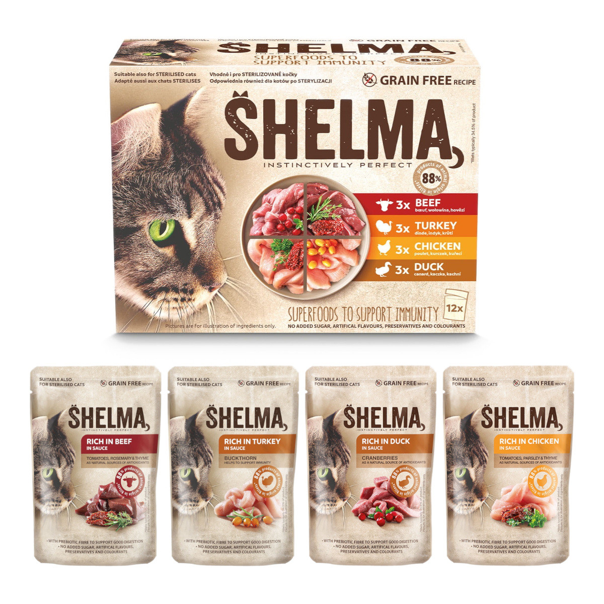 SHELMA with turkey, duck, chicken and beef in sauce - nassfutter für Katzen - 12x85g - foto 1