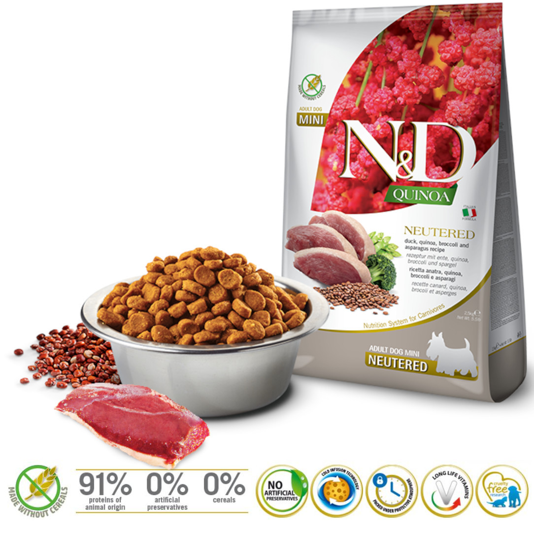 FARMINA N&D Quinoa Dog Duck, Broccoli, Asparagus Neutered Adult Mini - Trockenfutter für Hunde - 2.5 kg - foto 1