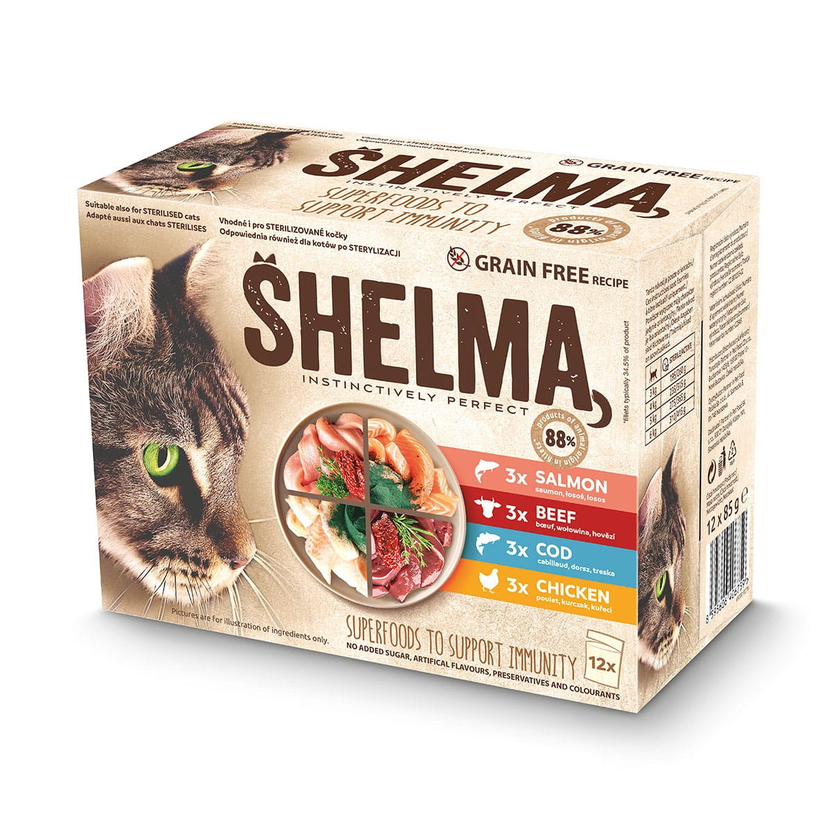 SHELMA with salmon, cod, chicken and beef in sauce - nassfutter für Katzen - 12x85g - foto 3