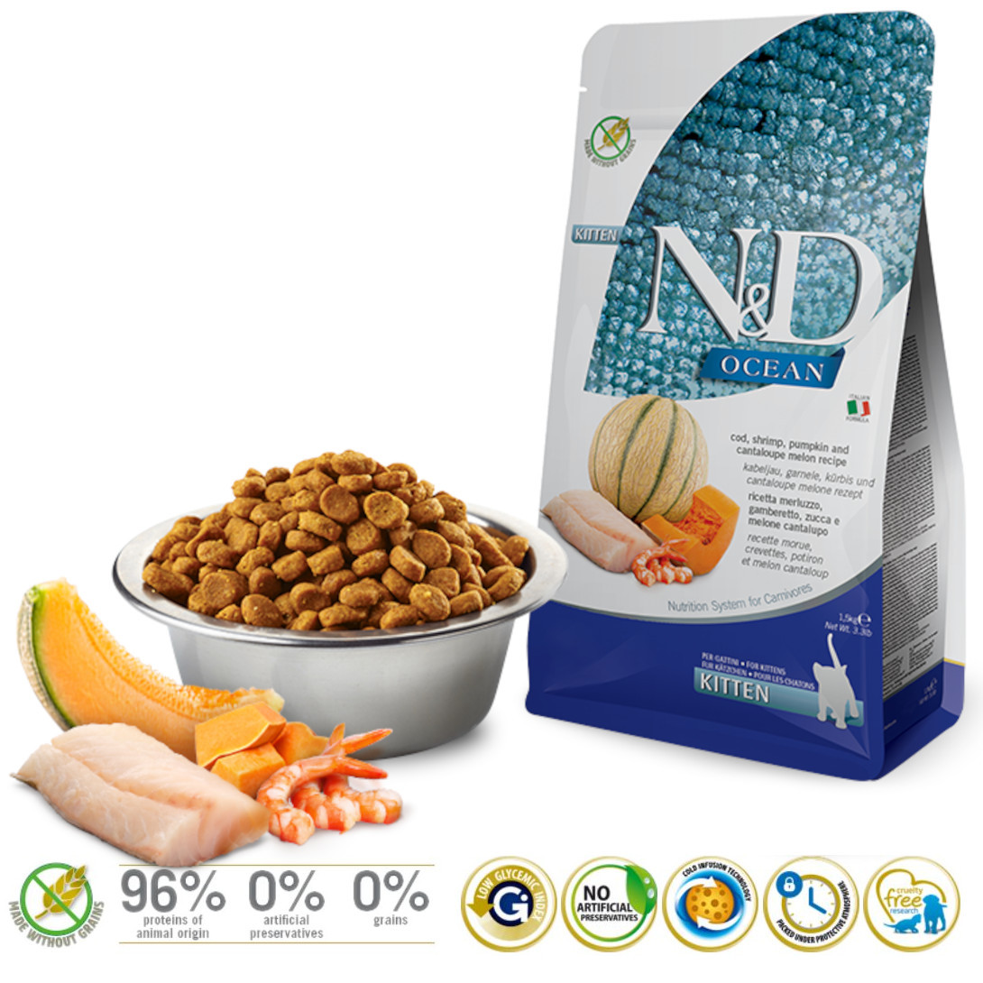 FARMINA N&D Ocean Cat Cod, Shrimp, Pumpkin and Cantaloupe Melon Kitten- Trockenfutter für Katzen - 1.5 kg - foto 1