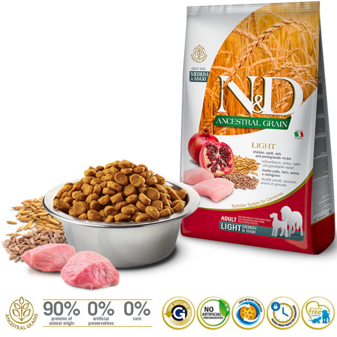 FARMINA N&D ANCESTRAL GRAIN DOG LIGHT - CHICKEN. SPELT.OATS AND POMEGRANATE ADULT MEDIUM & MAXI 12kg - foto 1