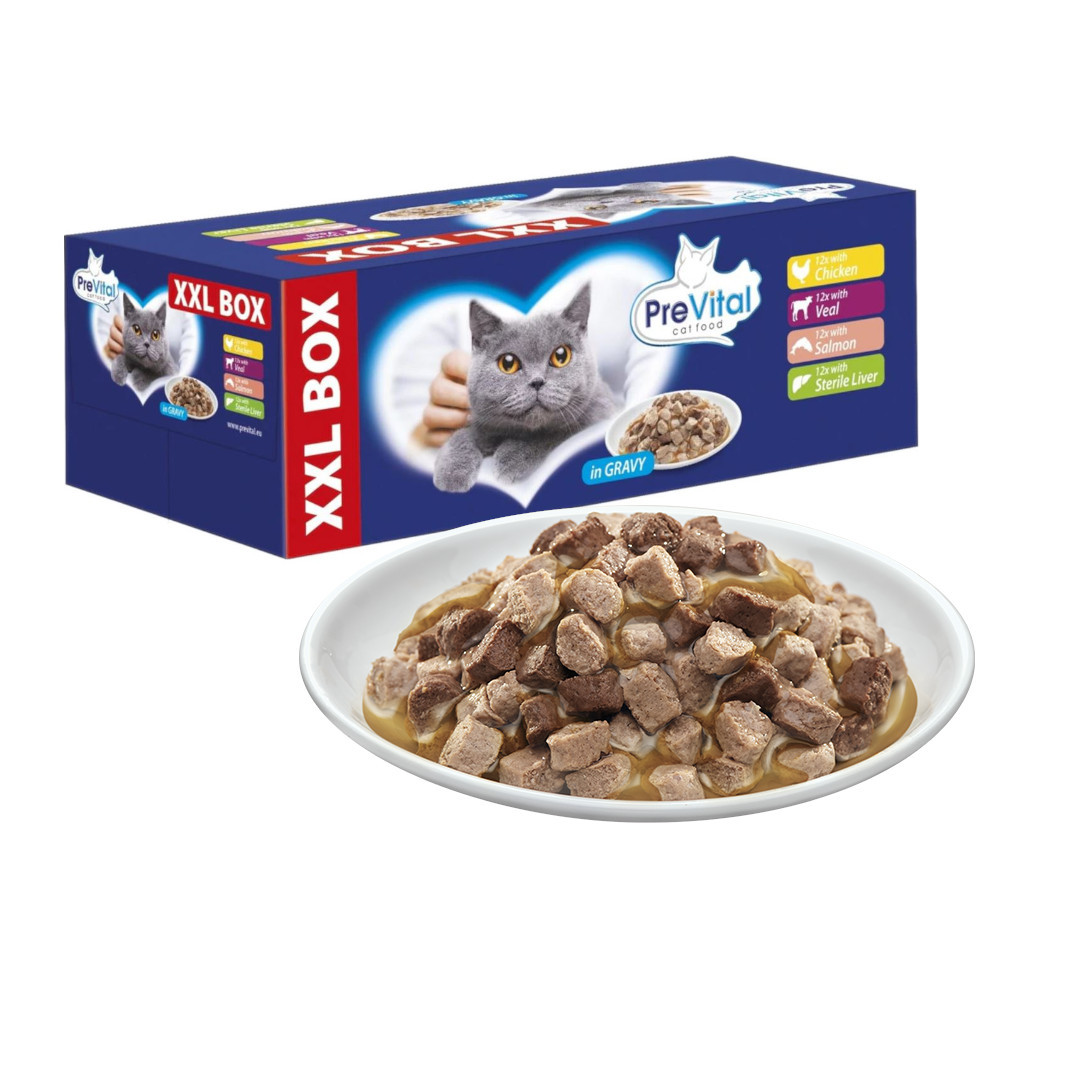 PREVITAL XXL BOX Geschmacks-Mix mit Huhn, Kalb, Lachs und Leber in Soße - Nassfutter für Katzen - 48 x 100g - foto 1
