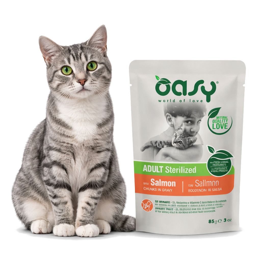 OASY Chunks in gravy Sterilized Salmon - nassfutter für Katzen - 85g - foto 2