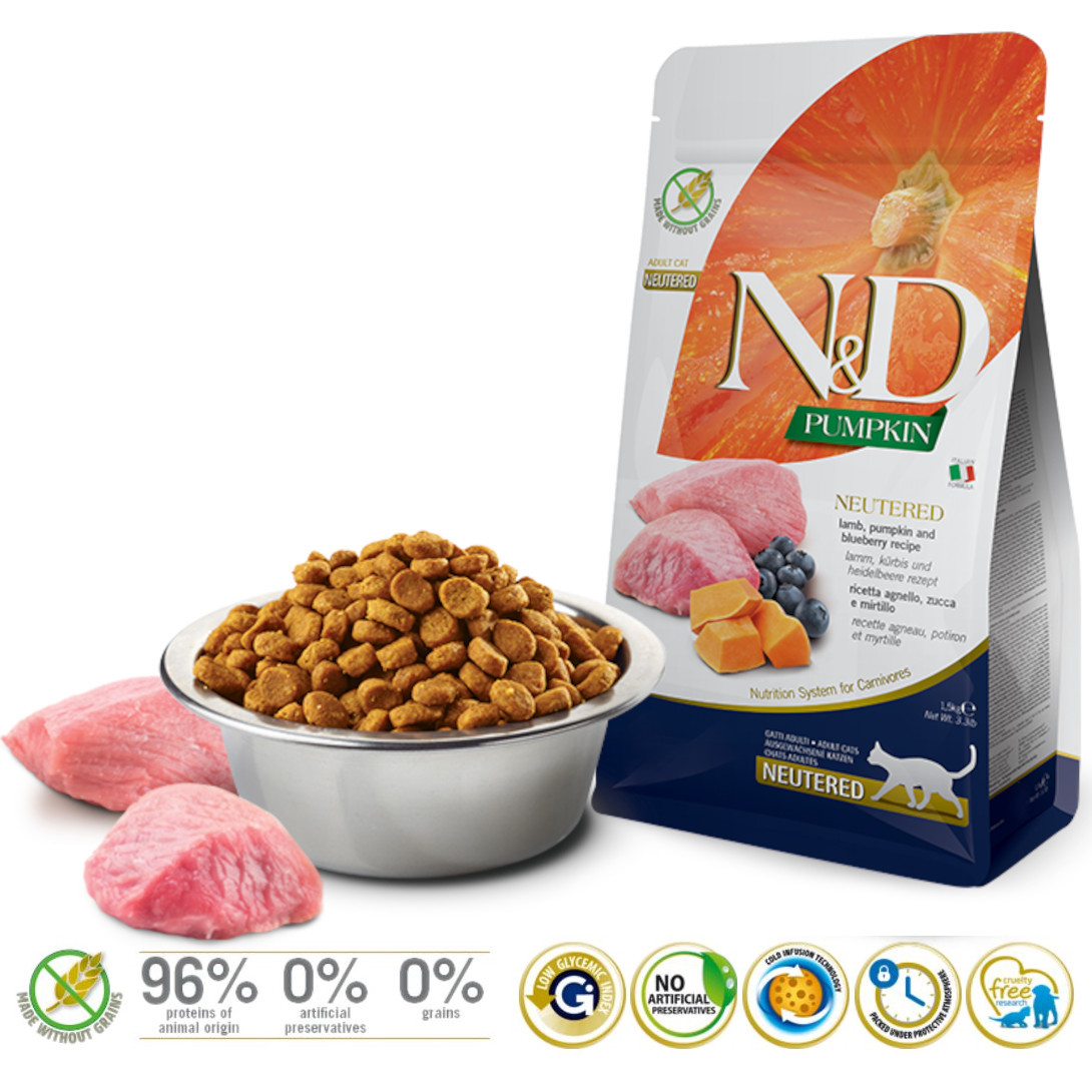 FARMINA N&D Pumpkin Cat Lamb and Blueberry Neutered Adult - Trockenfutter für Katzen - 1.5 kg - foto 1