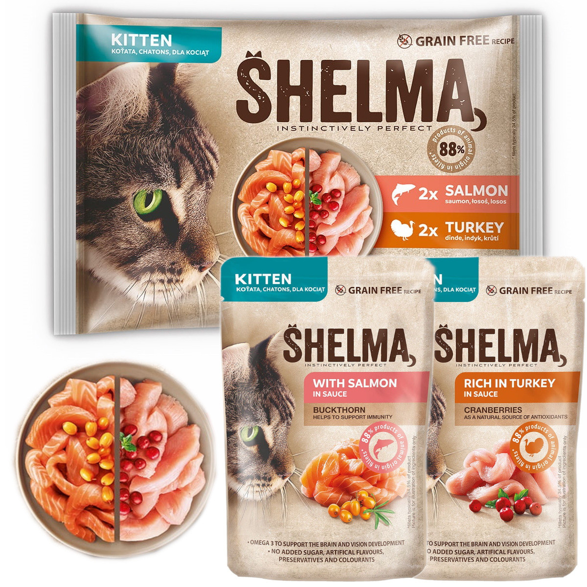SHELMA Kitten with salmon and turkey in sauce - nassfutter für Katzen - 4x85g - foto 1