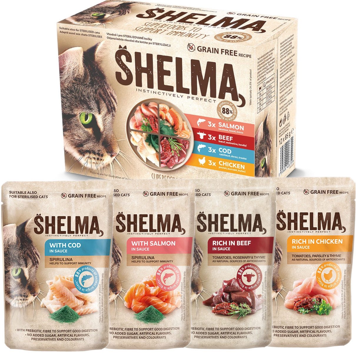 SHELMA with salmon, cod, chicken and beef in sauce - nassfutter für Katzen - 12x85g - foto 1