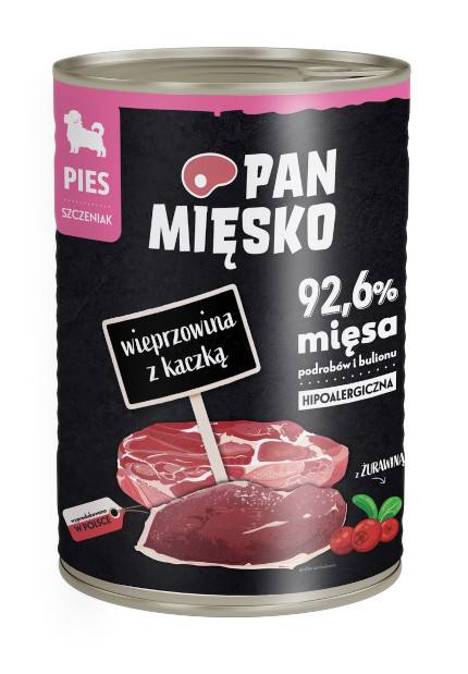 PAN MIĘSKO Schweinefleisch mit Ente Welpen - Nassfutter für Hunde - 400g - foto 1