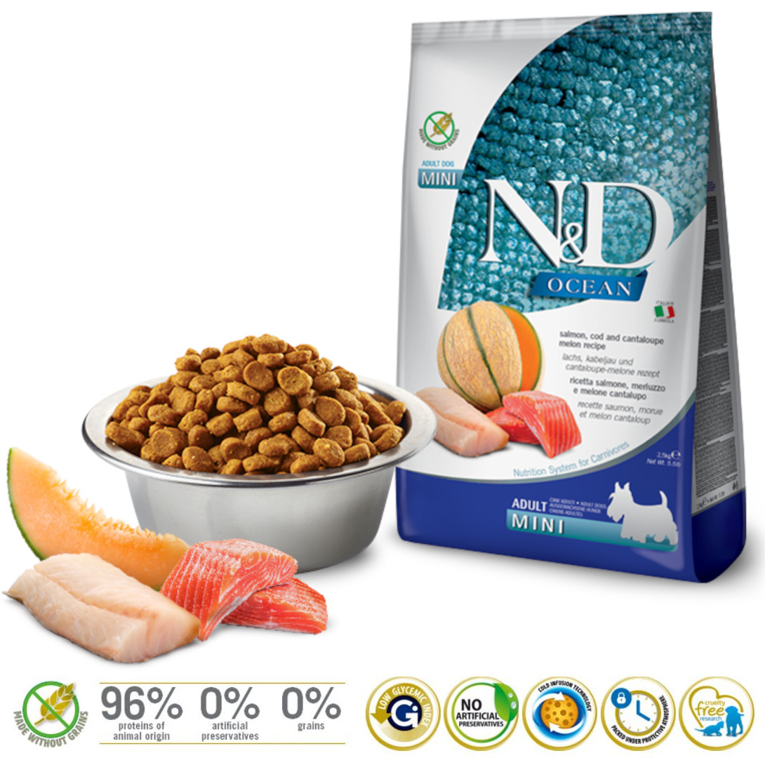 FARMINA N&D Ocean Dog Salmon, Cod, Cantaloupe, Melon Adult Mini - Trockenfutter für Hunde - 2.5 kg - foto 1