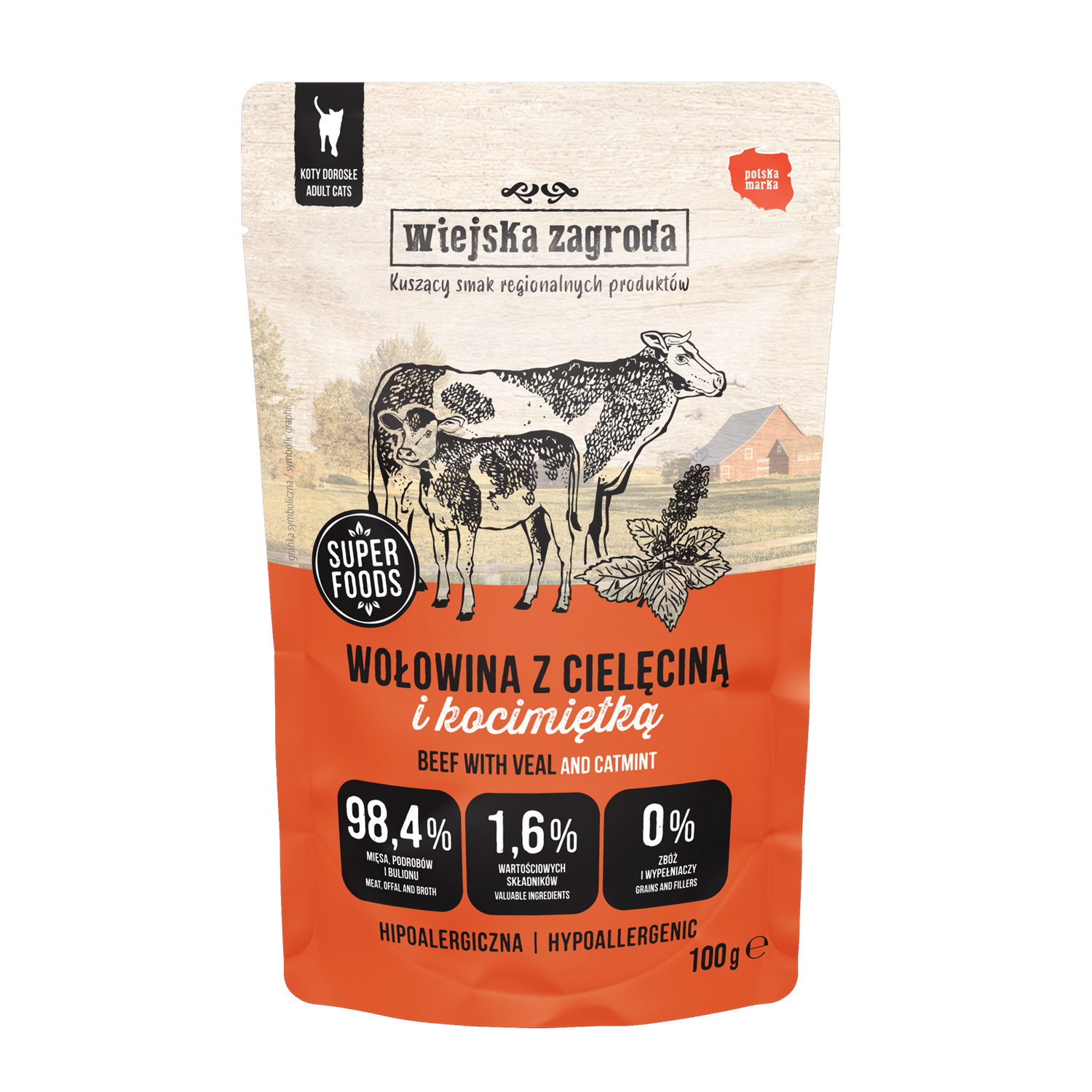 WIEJSKA ZAGRODA Rindfleisch mit Kalbfleisch und Katzenminze – Nassfutter für Katzen – 100g - foto 1