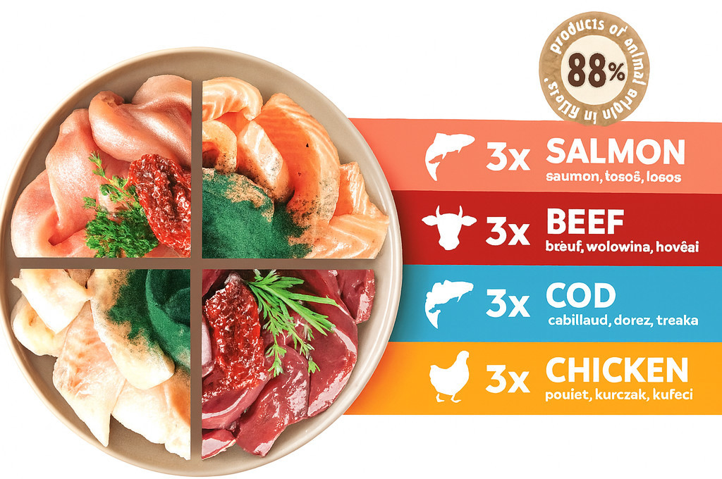 SHELMA with salmon, cod, chicken and beef in sauce - nassfutter für Katzen - 12x85g - foto 2