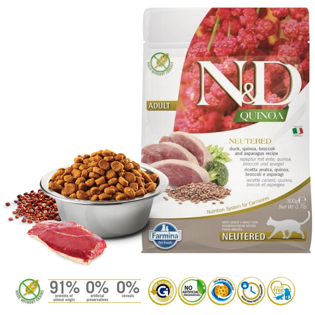 FARMINA N&D Quinoa Cat Duck, Broccoli, Asparagus Neutered Adult - Trockenfutter für Katzen - 300 g - foto 1
