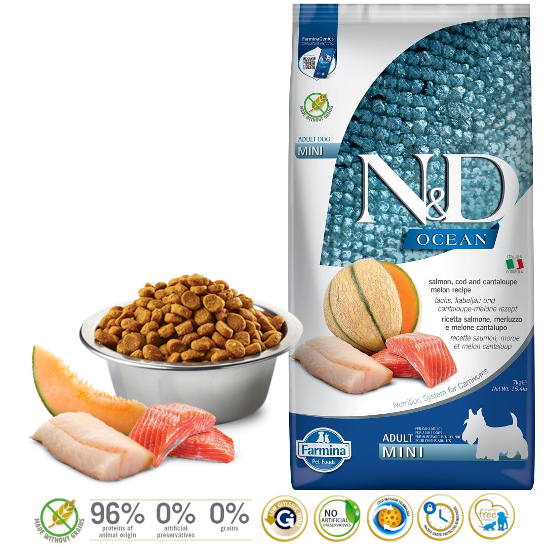 FARMINA N&D Ocean Dog Salmon, Cod, Cantaloupe, Melon Adult Mini - Trockenfutter für Hunde - 7 kg - foto 1