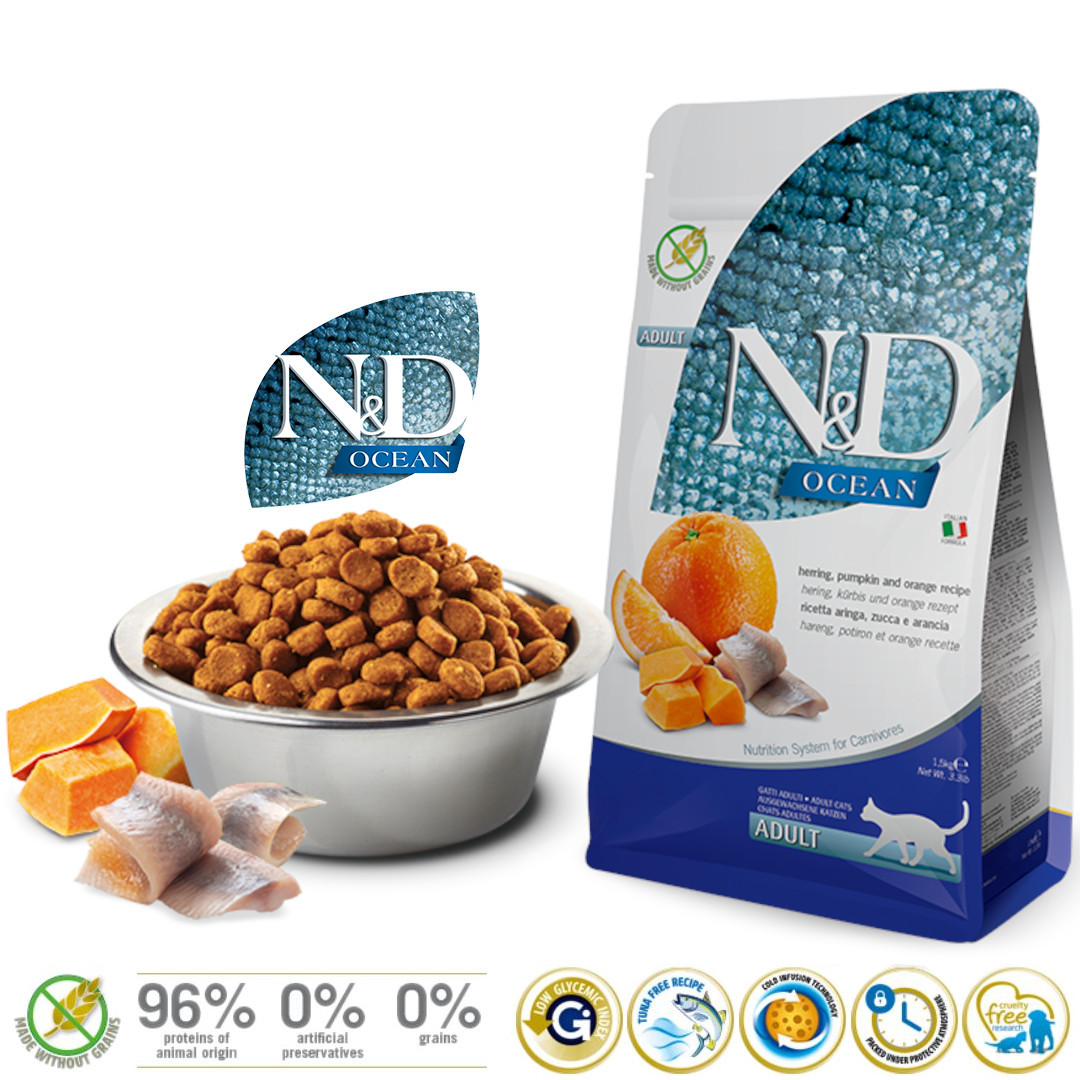FARMINA N&D Ocean Herring Pumpkin&Orange Adult - Trockenfutter für Katzen - 1,5 kg - foto 1